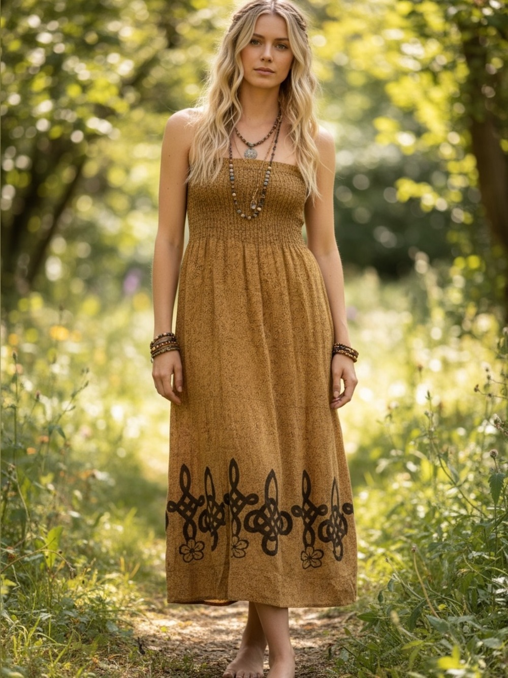 Free People Strapless Smocked Maxi Dress in Warm Brown with Dark Hem Motif - Picture 7 of 7